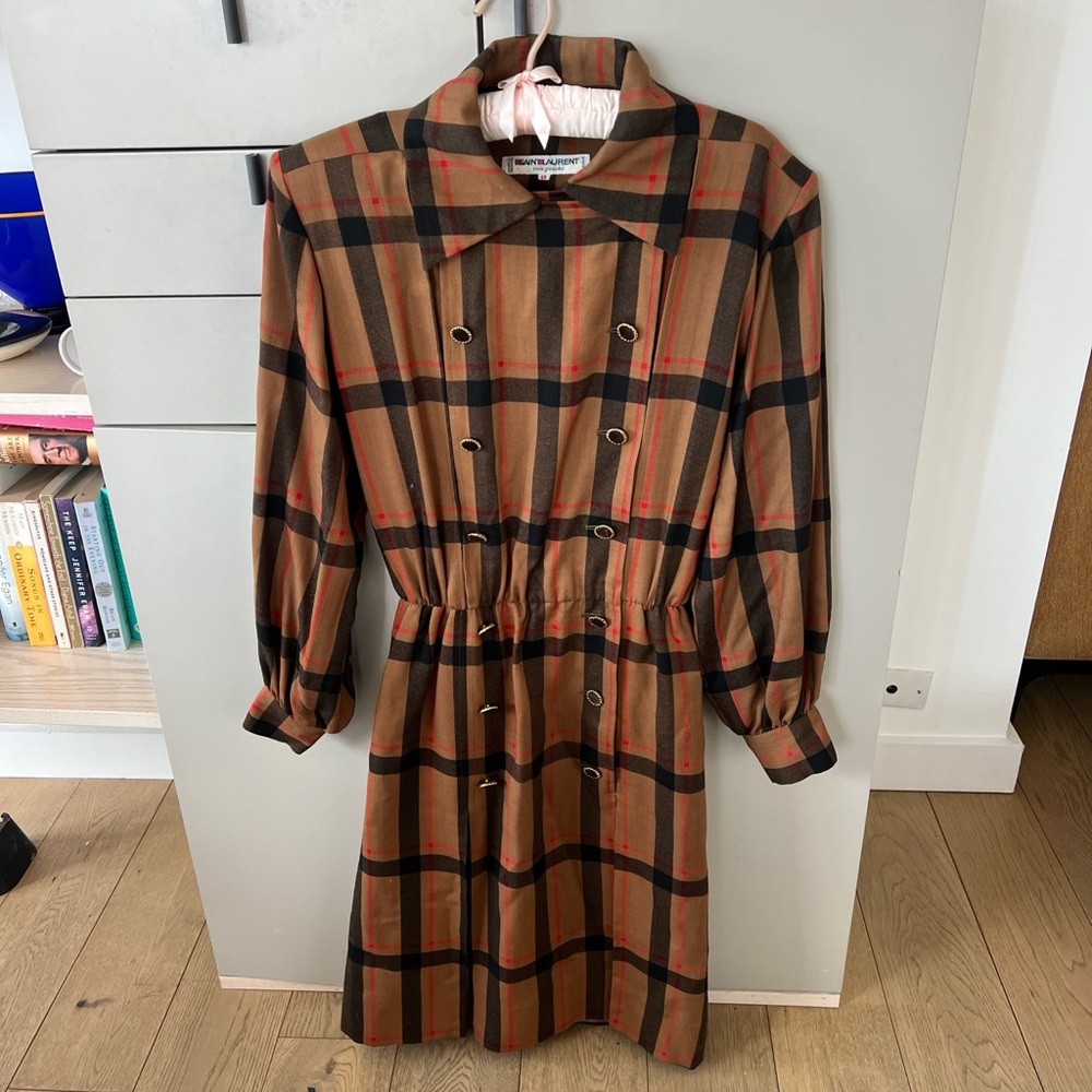 Saint Laurent Rive Gauche 1970 Brown Plaid Coat Dress Double Breasted 40